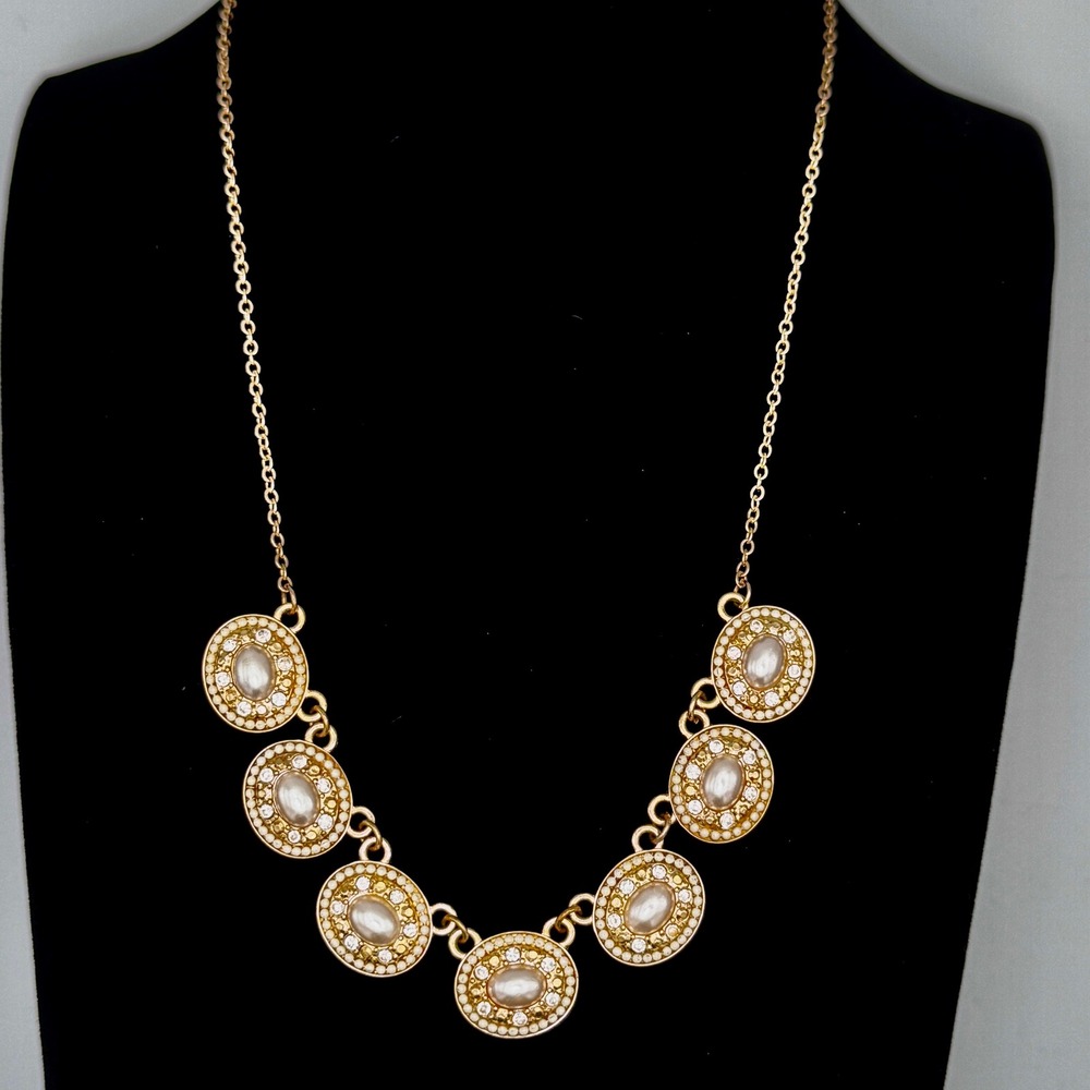 Gold Tone Faux Pearl Crystal‎ Oval Statement Necklace Womens Fashion Jewelry